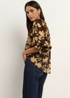 Candid Chocolate Khaki Floral Frill Sleeve Crew Neck Top