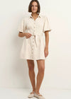 Sundown Ecru Denim Puff Sleeve Mini Shirt Dress