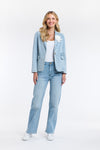 Denim Blazer With Flower Brooch