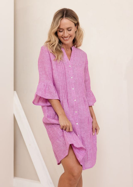 3/4 Sleeve Boyfriend Shirt - Raspberry