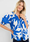 Antic Bright Blue Abstract Button Front SS Top