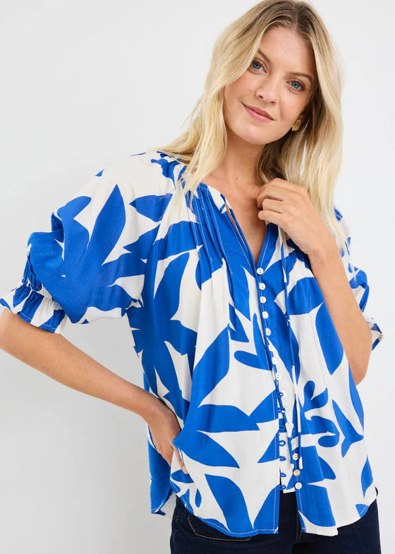 Antic Bright Blue Abstract Button Front SS Top