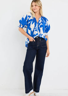  Antic Bright Blue Abstract Button Front SS Top