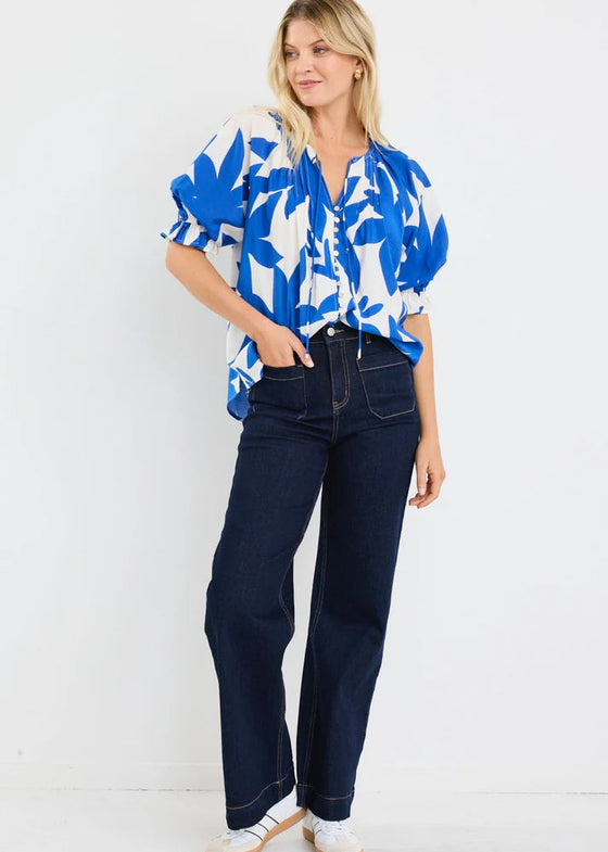 Antic Bright Blue Abstract Button Front SS Top