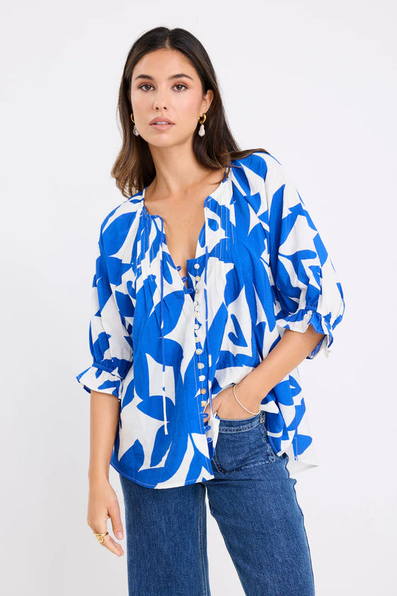Antic Bright Blue Abstract Button Front SS Top