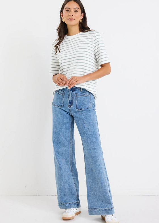 Binding Khaki White Stripe Boxy Fit Tee