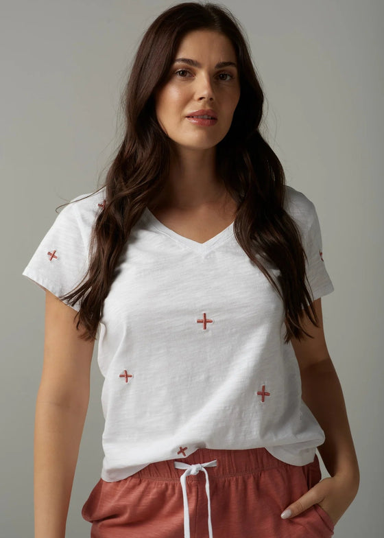 Cotton Embroidered V Neck Tee