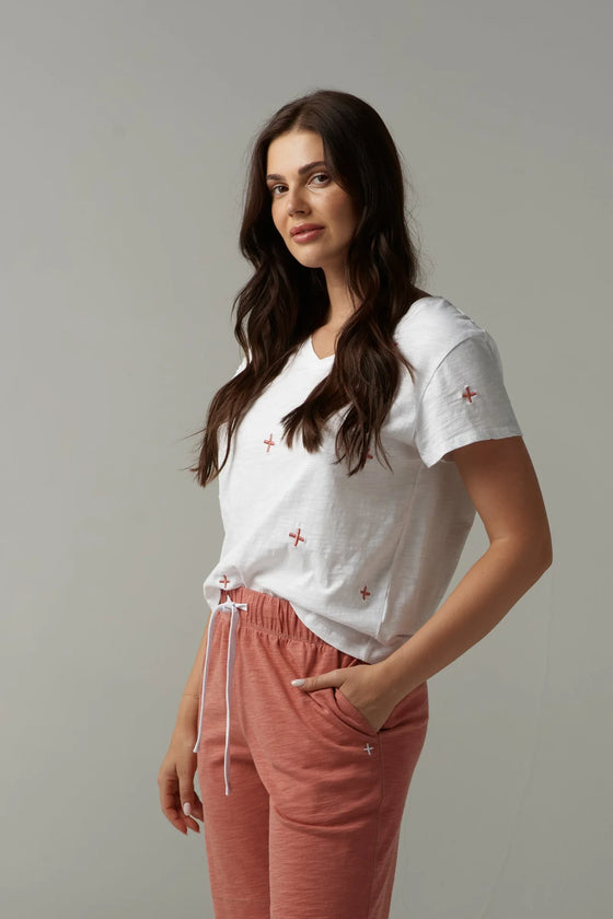Cotton Embroidered V Neck Tee