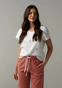  Cotton Embroidered V Neck Tee
