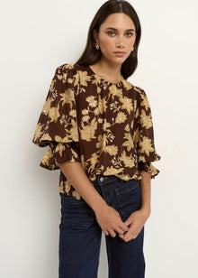  Candid Chocolate Khaki Floral Frill Sleeve Crew Neck Top