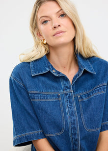  Crucial Storm Blue Denim Short Sleeve Shacket