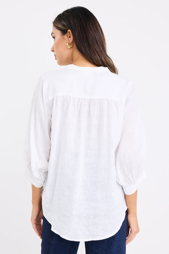Deity White Linen Button Through Puff Sleeve Blouse