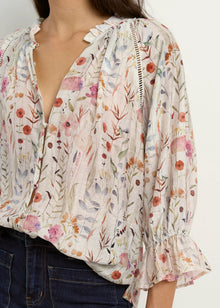  Encounter Cream Floral Gathered Button Front Top