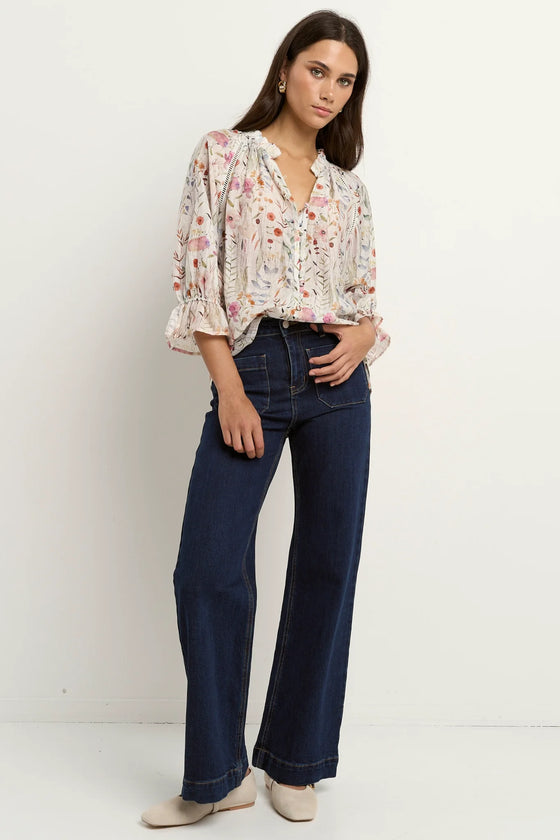 Encounter Cream Floral Gathered Button Front Top