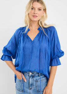  Expedition Blue Shirred Neck Short Sleeve Top