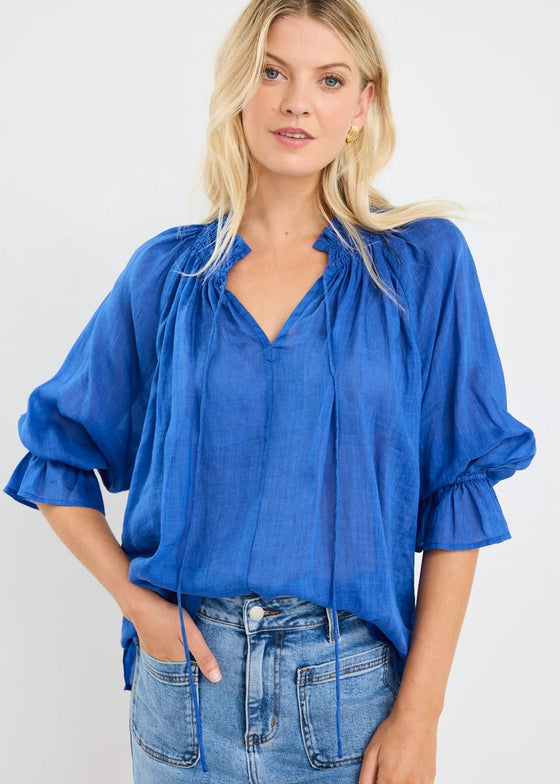 Expedition Blue Shirred Neck Short Sleeve Top