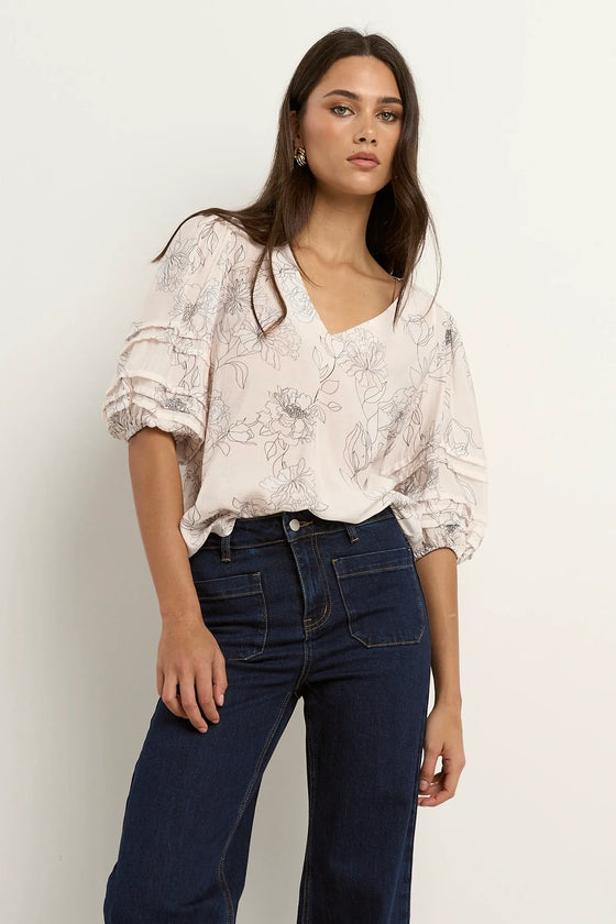 Recall Ivory Sketch Floral Pleat Sleeve Crew Top