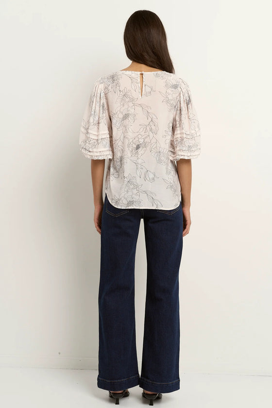 Recall Ivory Sketch Floral Pleat Sleeve Crew Top