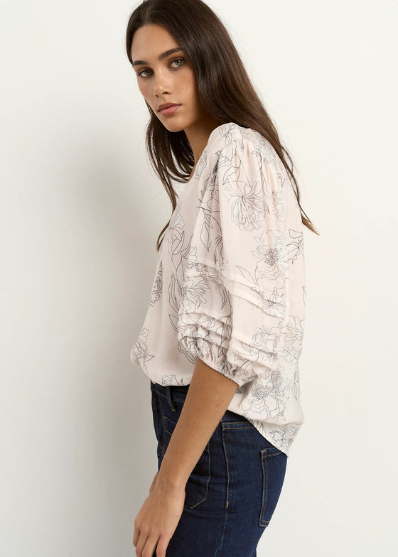 Recall Ivory Sketch Floral Pleat Sleeve Crew Top