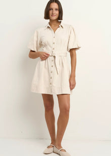  Sundown Ecru Denim Puff Sleeve Mini Shirt Dress
