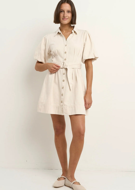 Sundown Ecru Denim Puff Sleeve Mini Shirt Dress