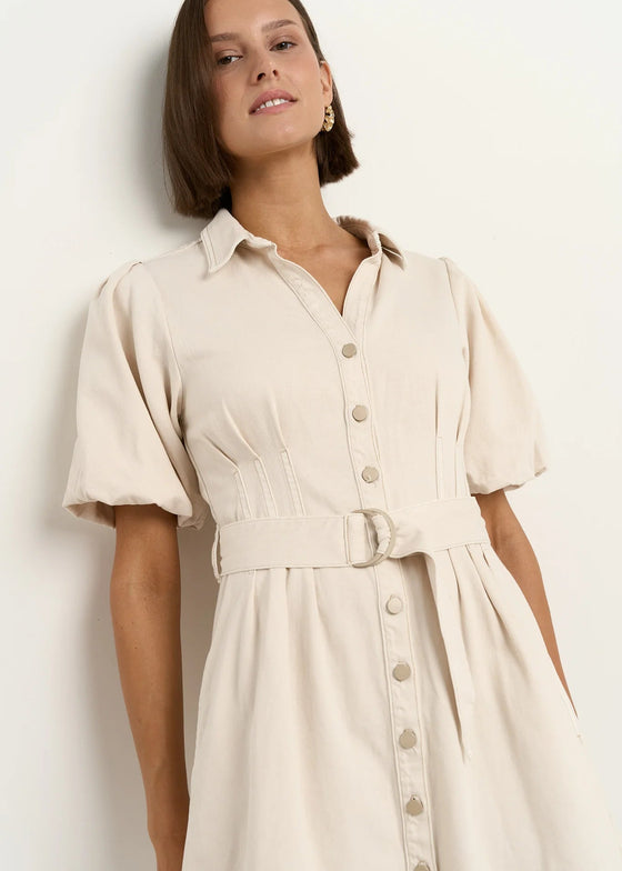 Sundown Ecru Denim Puff Sleeve Mini Shirt Dress