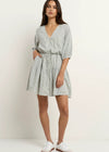 Switch Khaki Stripe Puff Sleeve Button Front Mini Dress