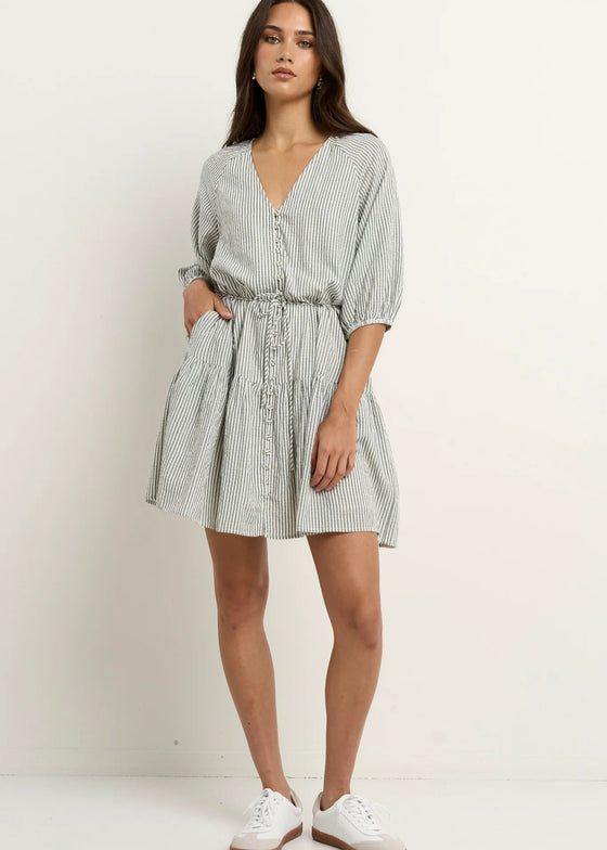 Switch Khaki Stripe Puff Sleeve Button Front Mini Dress