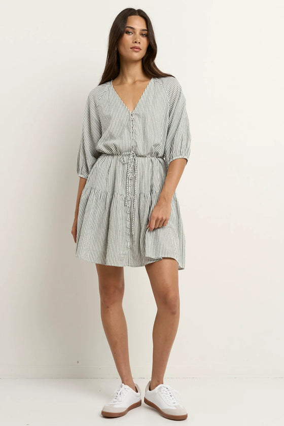 Switch Khaki Stripe Puff Sleeve Button Front Mini Dress
