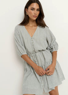  Switch Khaki Stripe Puff Sleeve Button Front Mini Dress