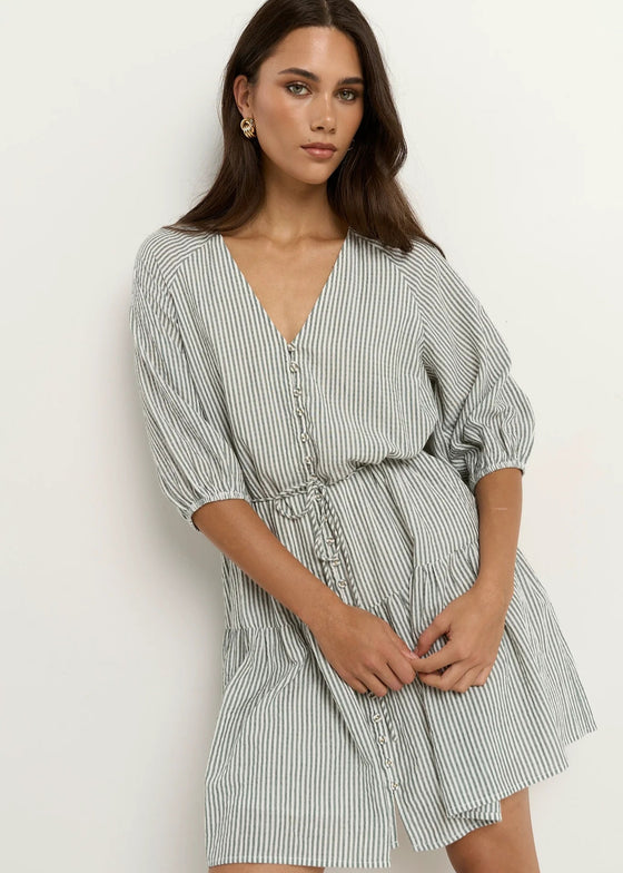 Switch Khaki Stripe Puff Sleeve Button Front Mini Dress