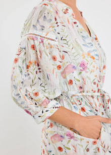  Wisdom Cream Floral Balloon Sleeve Midi Shirt Dress