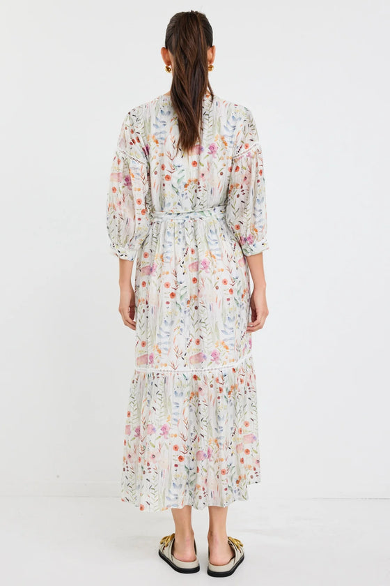 Wisdom Cream Floral Balloon Sleeve Midi Shirt Dress