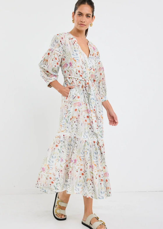 Wisdom Cream Floral Balloon Sleeve Midi Shirt Dress