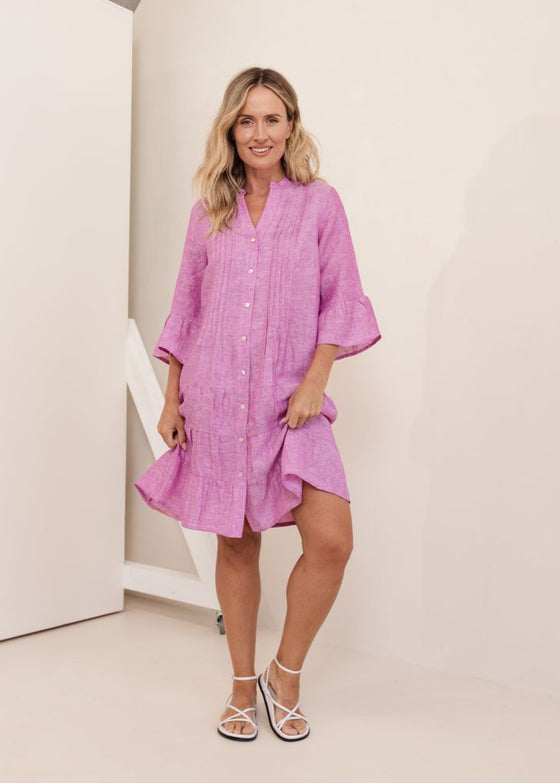 3/4 Sleeve Pleated Tiered Dress